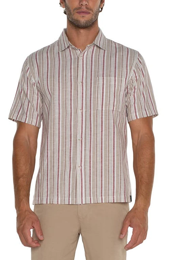 Liverpool Los Angeles Stripe Short Sleeve Cotton & Linen Button-Up Shirt Kahki/Nantucket Red at Nordstrom,