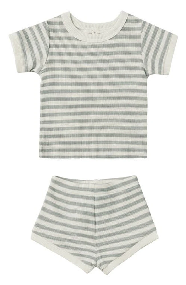 QUINCY MAE Stripe Cotton Waffle Knit T-Shirt & Shorts Set Sky at Nordstrom,