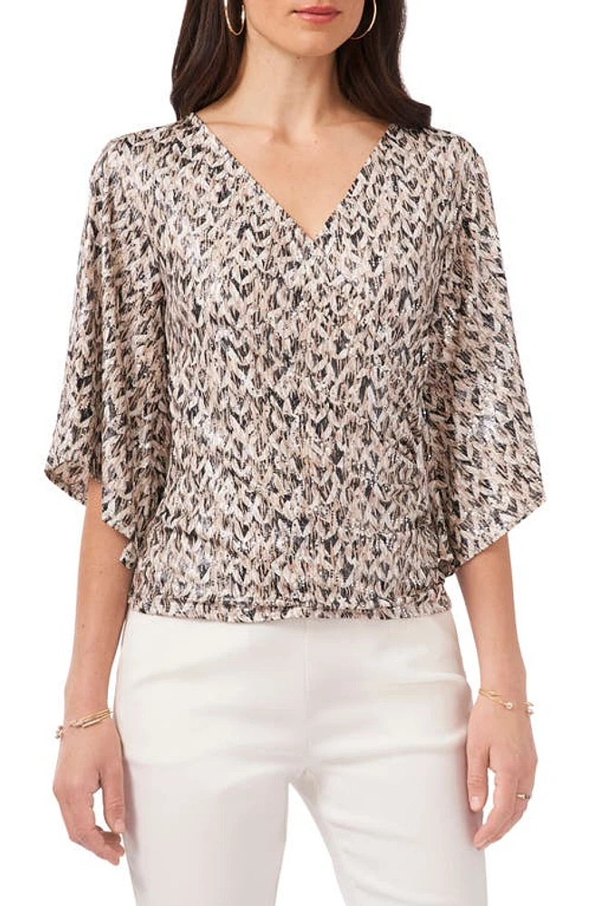 Chaus Foil Flutter Sleeve Top in Taupe/Ivory/Black at Nordstrom, Size Medium