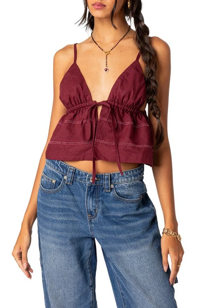 EDIKTED Candy Tie Front Crop Camisole Burgundy at Nordstrom,