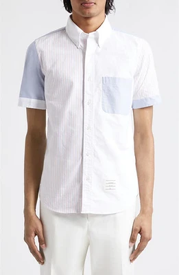 Thom Browne Fun-Mix Short Sleeve Cotton Oxford Button-Down Shirt Orange at Nordstrom,