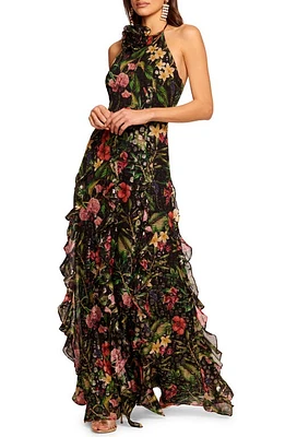 Ramy Brook Idella Metallic Floral Halter Neck Gown in Black Multi at Nordstrom, Size 0