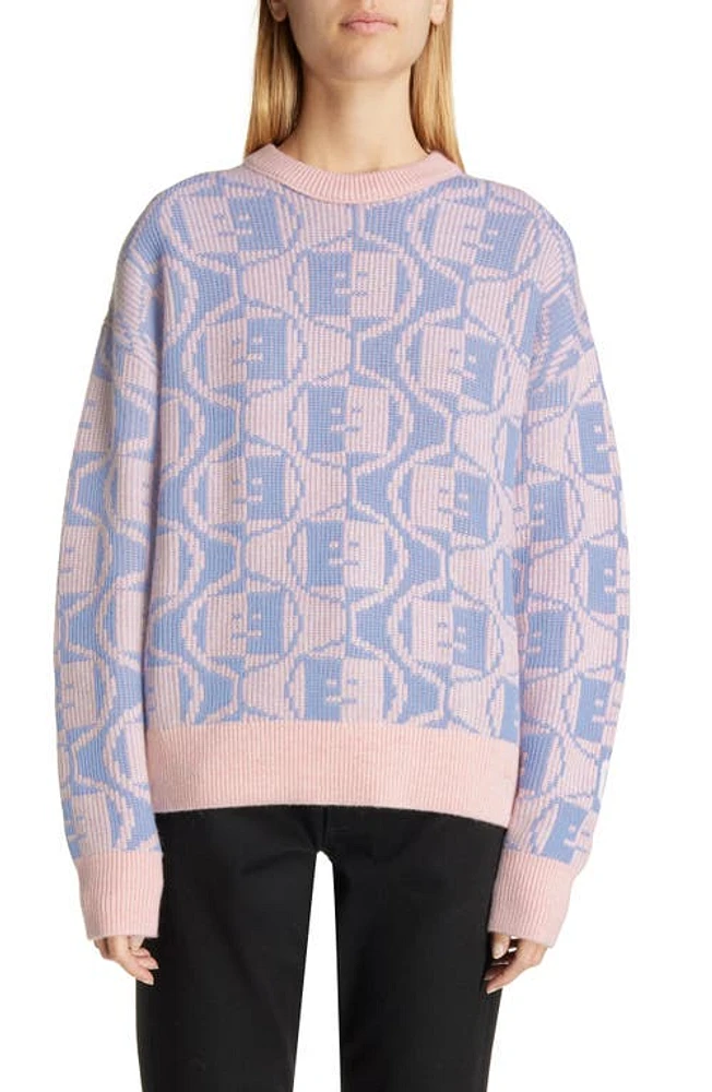 Acne Studios Katch Face Logo Two-Tone Wool & Cotton Sweater Faded Pink Melange/Light Blue at Nordstrom,