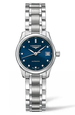 Longines Master Automatic Diamond Bracelet Watch, 25.5mm in Silver/Blue/Silver at Nordstrom