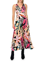 MELLODAY Leaf Print Pleated Cutout Maxi Dress Black Multi at Nordstrom,