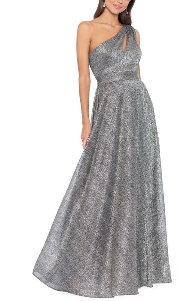 Betsy & Adam Metallic One-Shoulder Crinkle Gown Black/Metallic at Nordstrom,