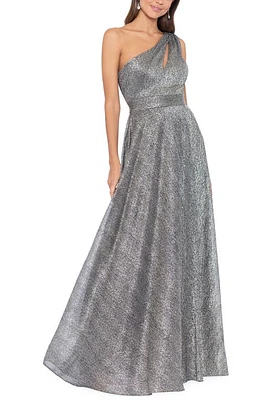 Betsy & Adam Metallic One-Shoulder Crinkle Gown Black/Metallic at Nordstrom,