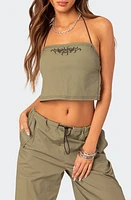 EDIKTED Fey Embroidered Open Back Halter Top Olive at Nordstrom,