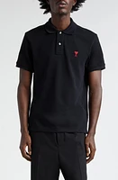 Ami PARIS de Coeur Embroidered Organic Cotton Polo 001 Black at Nordstrom,