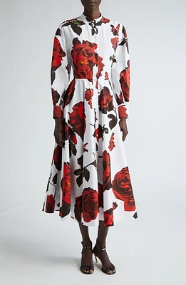 Alexander McQueen Rose Print Long Sleeve Cotton Shirtdress Optical White at Nordstrom, Us