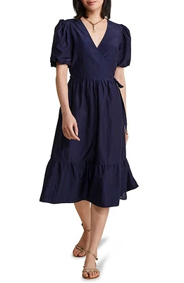 vineyard vines Puff Sleeve Cotton & Silk Midi Wrap Dress Nautical Navy at Nordstrom,