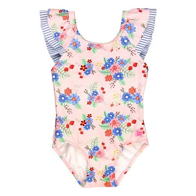 RuffleButts Girls Ruffle V-Back One Piece in Coastal Breeze Floral at Nordstrom