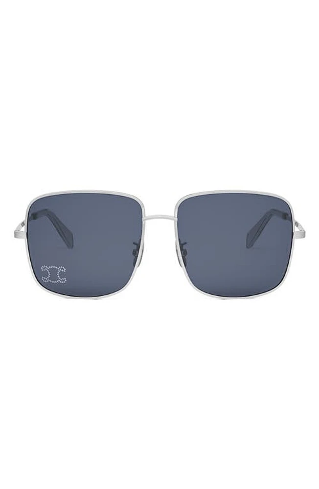 CELINE Rhinestone Triomphe 59mm Square Sunglasses in Shiny Palladium /Blue at Nordstrom