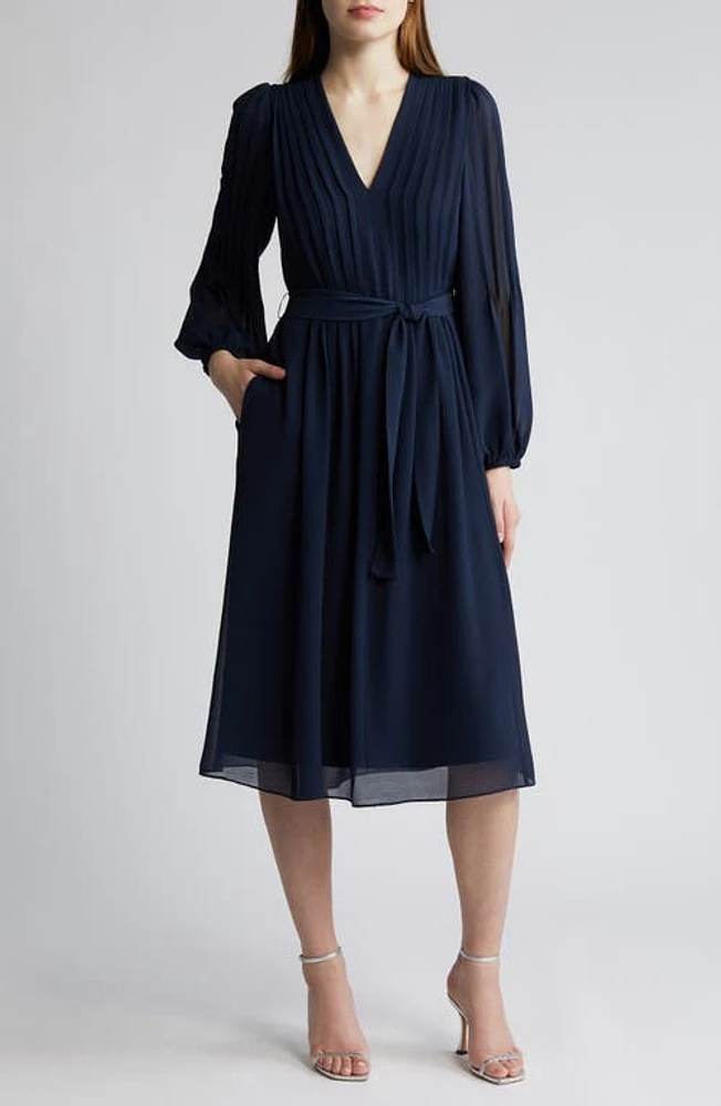 KOBI HALPERIN Tatum Pleated Tie Waist Long Sleeve Dress Navy at Nordstrom,