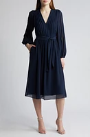 KOBI HALPERIN Tatum Pleated Tie Waist Long Sleeve Dress Navy at Nordstrom,