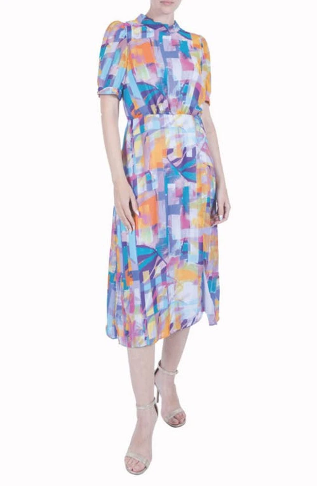 Julia Jordan Puff Sleeve Midi Dress Blue/yellow Multi at Nordstrom,