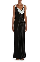 Bottega Veneta Contrast Cowl Bias Cut Hammered Satin Gown Black/Light Cyan at Nordstrom, Us