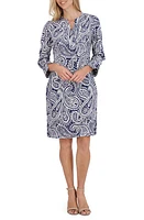 Foxcroft Vena Paisley Long Sleeve Shift Dress Navy/White at Nordstrom,