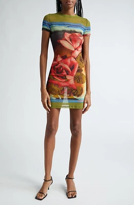 Jean Paul Gaultier Rose Print Semisheer Mesh Dress in Green/Red/Blue at Nordstrom, Size Small