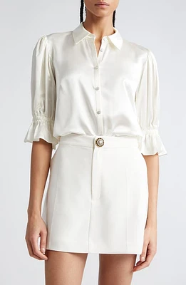 Cinq à Sept Fiona Ruffle Cuff Silk Button-Up Shirt Ivory at Nordstrom,