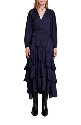 maje Ruffinella Long Sleeve Tiered Ruffle Satin Dress Blue at Nordstrom,