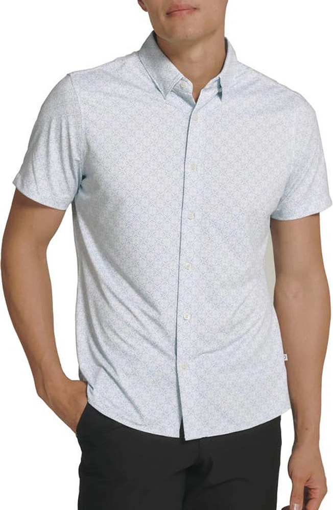 7 Diamonds Sorren Geo Print Short Sleve Performance Button-Up Shirt Seafoam at Nordstrom,