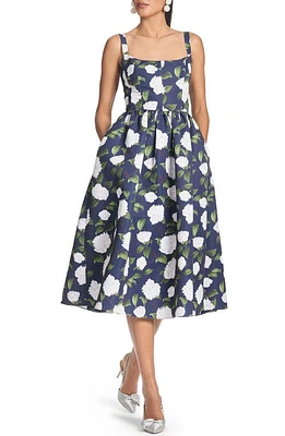 Sachin & Babi Olena Floral Mikado Midi Cocktail Dress Navy Ivory Moonlit Garden at Nordstrom,