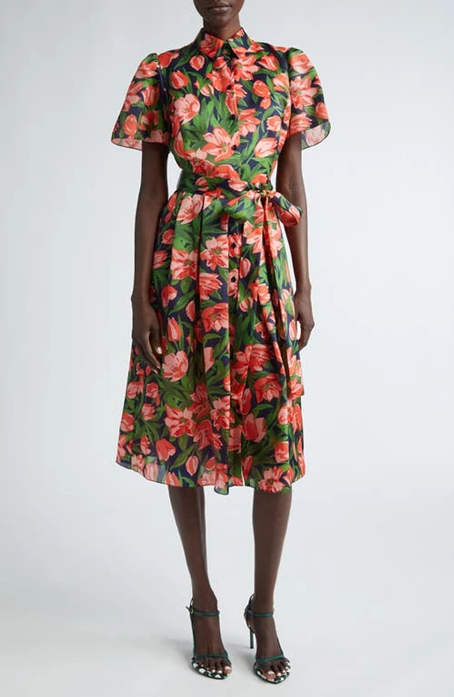 Carolina Herrera Tulip Print Silk Organza Belted Shirtdress Midnight Multi at Nordstrom,