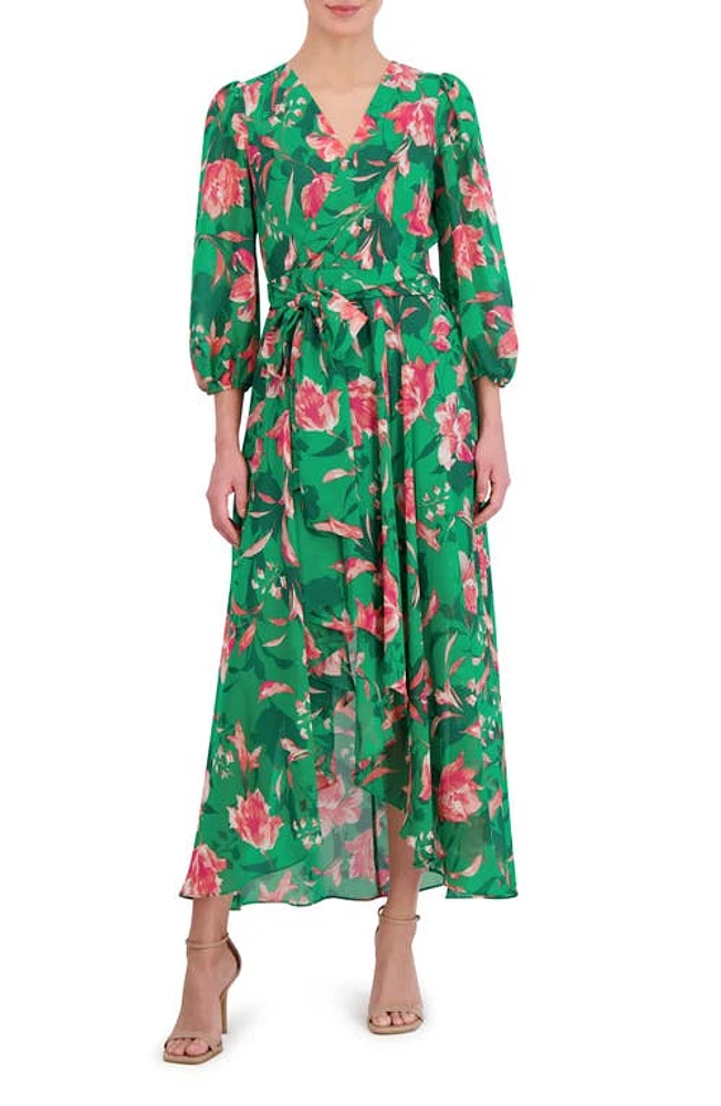 Eliza J Floral Balloon Sleeve Faux Wrap Midi Dress Green at Nordstrom,