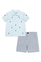 Little Me Sailboat Embroidered Polo & Stripe Shorts Set Blue at Nordstrom,