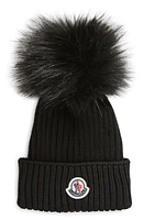 Moncler Kids' Ribbed Wool Beanie with Faux Fur Pompom at Nordstrom