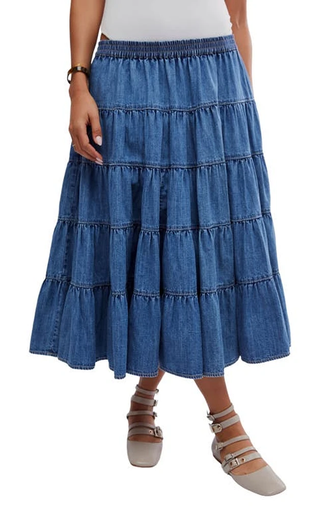 Free People Chambray Tiered Midi Skirt Cool Blue at Nordstrom,