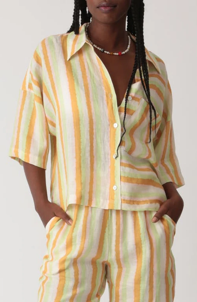 Electric & Rose Kyle Stripe Linen Button-Up Shirt Tangerine/Lime at Nordstrom,