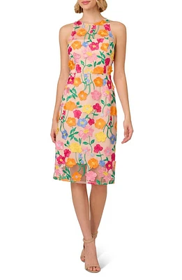 Adrianna Papell Floral Embroidered A-Line Midi Dress Pink/Yellow Multi at Nordstrom,