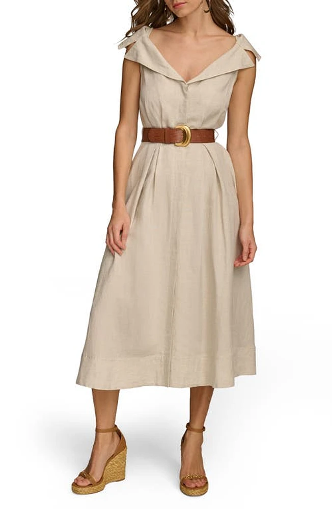 Donna Karan New York Portrait Collar Belted Linen Blend Midi Dress Natural at Nordstrom,