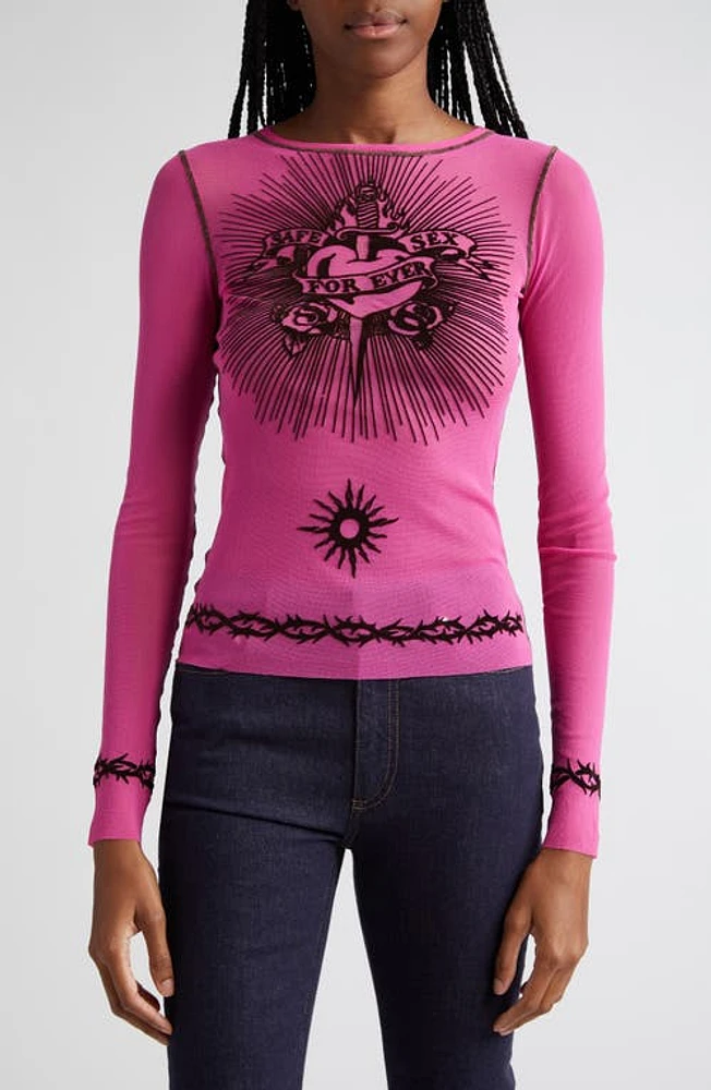 Jean Paul Gaultier Tattoo Print Semisheer Tulle Top in Shocking Pink at Nordstrom, Size Large