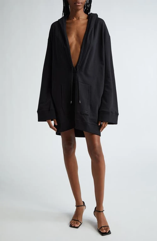 Courrèges Hyperbole Hooded Plunge Neck Cotton Fleece Sweatshirt Dress Black at Nordstrom,