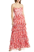 Hutch Monaco Strapless Ruffle Tiered Plissé Gown Blush Red Poppies Tulle at Nordstrom,