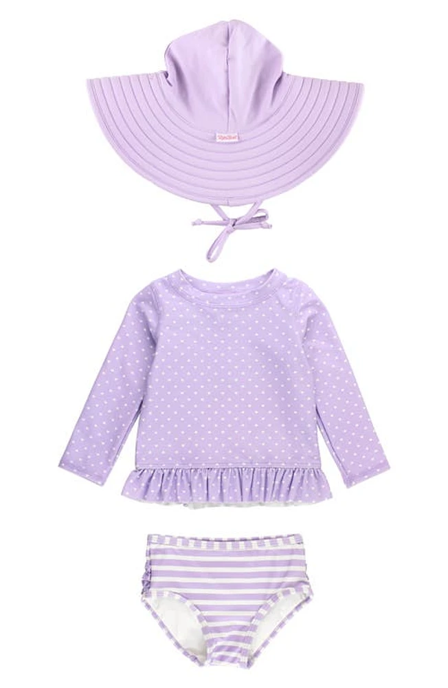 RuffleButts Heart Long Sleeve Two-Piece Rashguard Swimsuit & Headband Set Lavender at Nordstrom,