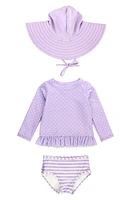 RuffleButts Heart Long Sleeve Two-Piece Rashguard Swimsuit & Headband Set Lavender at Nordstrom,