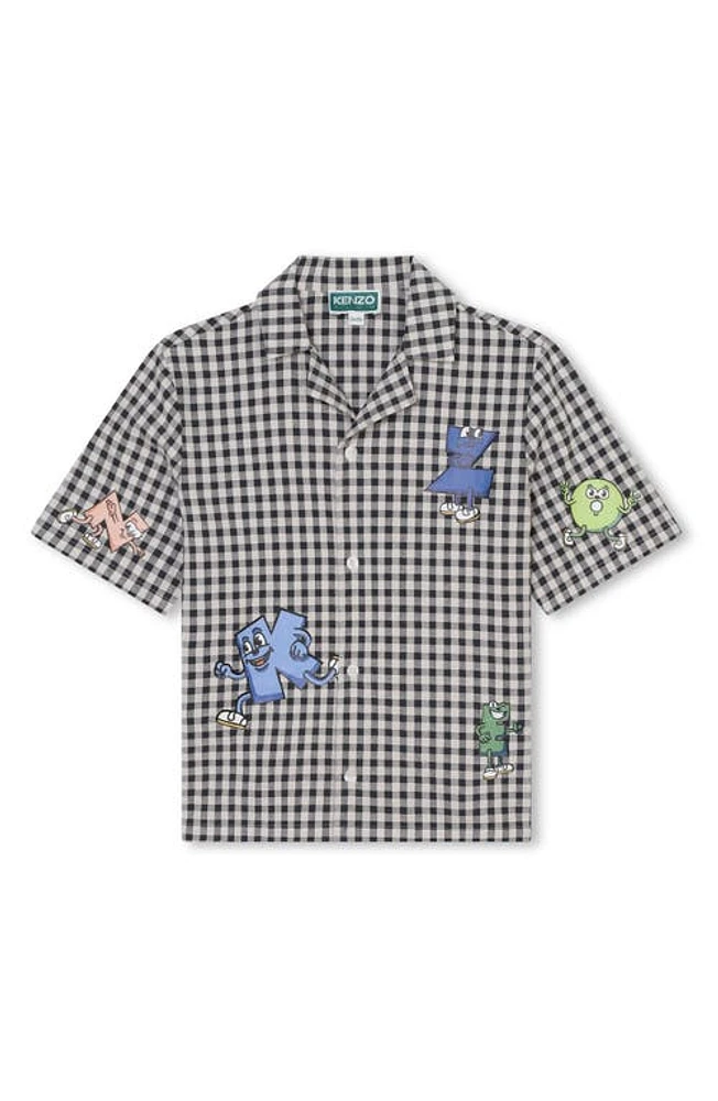 KENZO Kids' Gingham Short Sleeve Graphic Button-Up Shirt N20-Ecru Grey at Nordstrom, Y