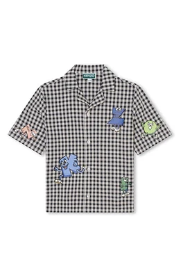 KENZO Kids' Gingham Short Sleeve Graphic Button-Up Shirt N20-Ecru Grey at Nordstrom, Y