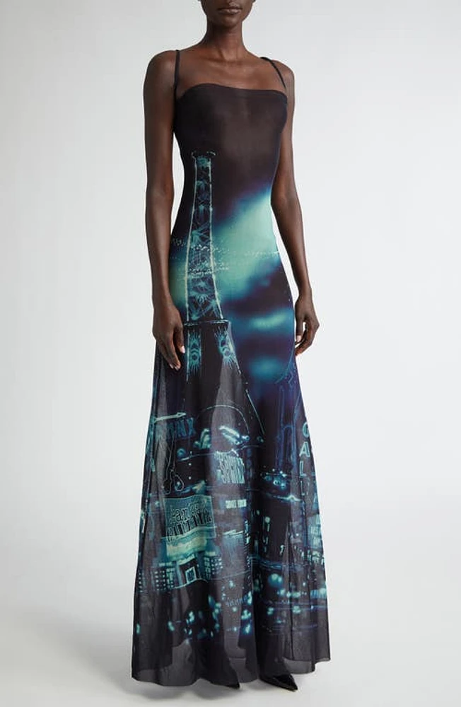 Jean Paul Gaultier City Print Asymmetric Sheer Maxi Dress Navy/Light Blue/White/Black at Nordstrom,