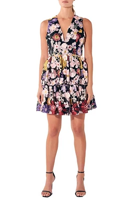 Endless Rose Tiered Embroidered Velvet Fit & Flare Minidress in Black Multi at Nordstrom, Size Large