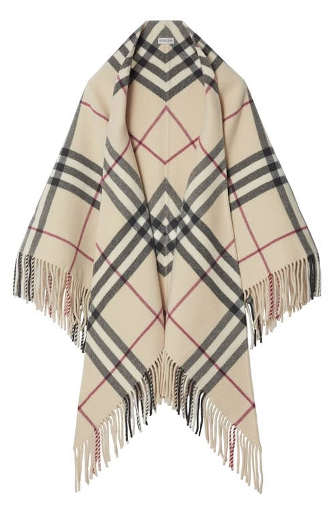 burberry Bandana Check Fringe Wool Cape in Stone at Nordstrom