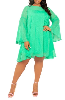 BUXOM COUTURE Swiss Dot Long Sleeve Chiffon Shift Dress Green at Nordstrom,