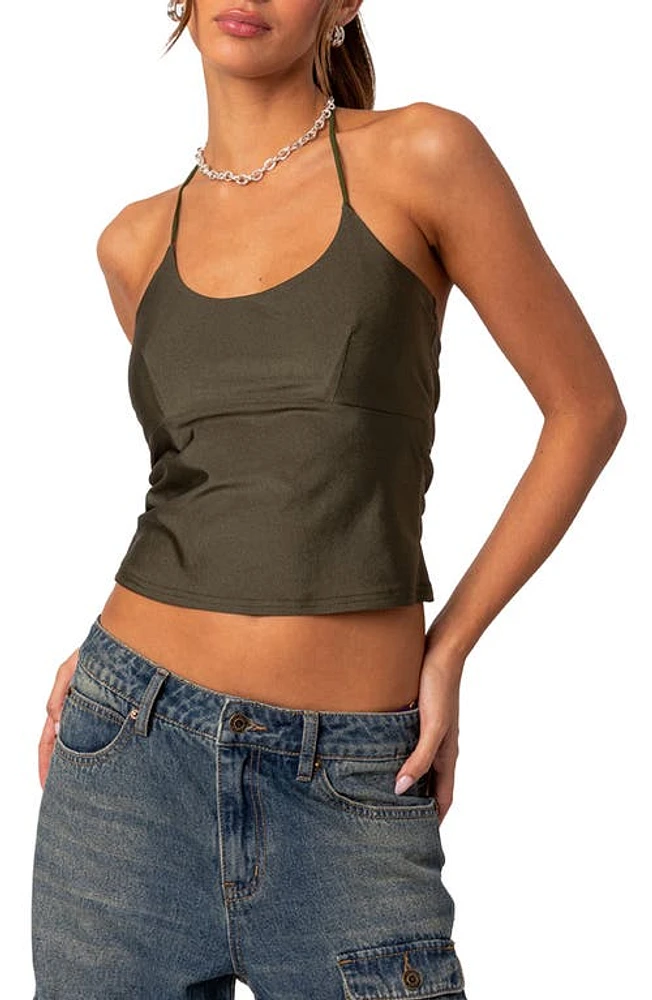 EDIKTED Sara Crop Halter Top Olive at Nordstrom,