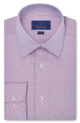 David Donahue Trim Fit Dobby Micro Check Cotton Dress Shirt in Merlot/Sky at Nordstrom, Size 14.5 - 32