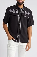 NN07 Jan 5719 Embroidered Short Sleeve Button-Up Shirt Black at Nordstrom, R