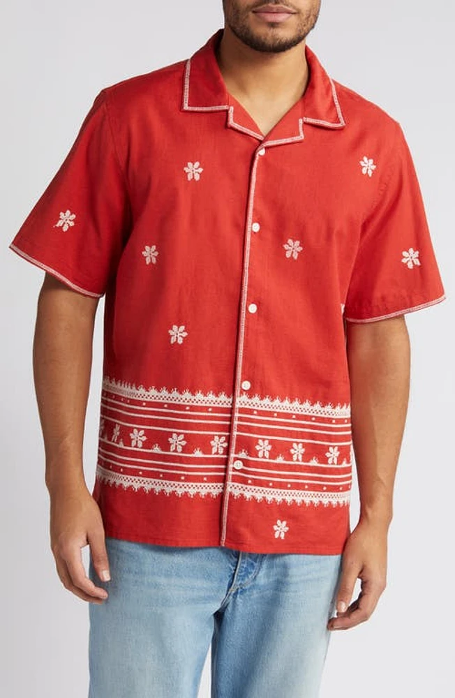 Wax London Didcot Daisy Embroidery Cotton & Linen Camp Shirt Red/Ecru at Nordstrom,